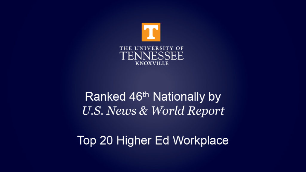 UT Knoxville is ranked 46th nationally by US News and World Report, and is a Top 20 Higher Ed Workplace