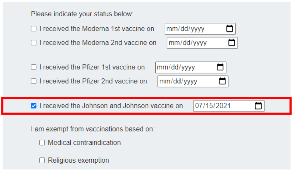 Highlighted vaccine option with date selected