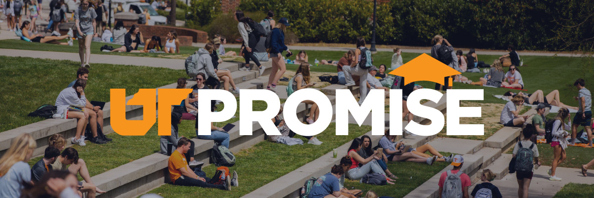 UT Promise logo overlayed on image of students sitting on campus open area.