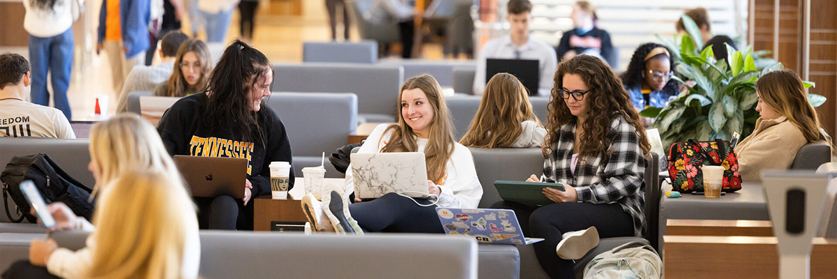 Multiple students sit in a common area on campus while using their computers.