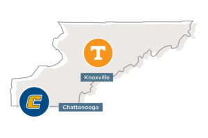 Illustrated map of East Tennessee showing UTK and UTC.