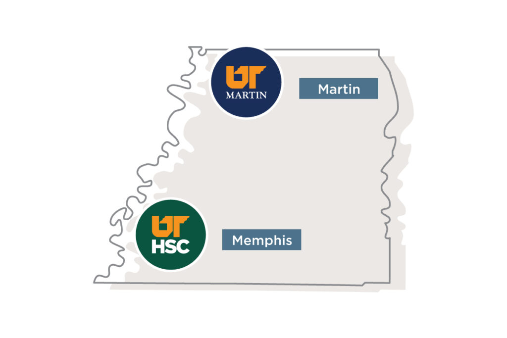 Illustrated map of west Tennessee showing UTM and UTHSC.