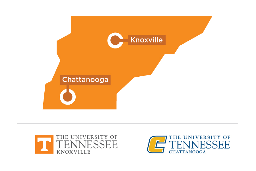 Illustrated map of East Tennessee showing UTK and UTC