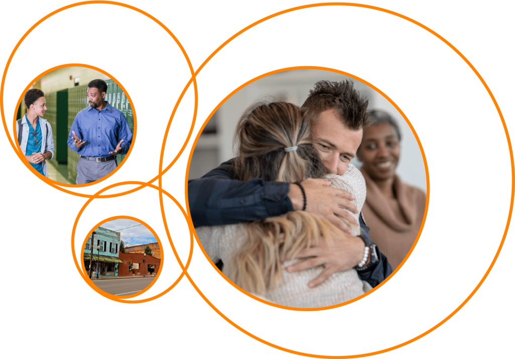 Three images of people and places interconnected with UT orange circles