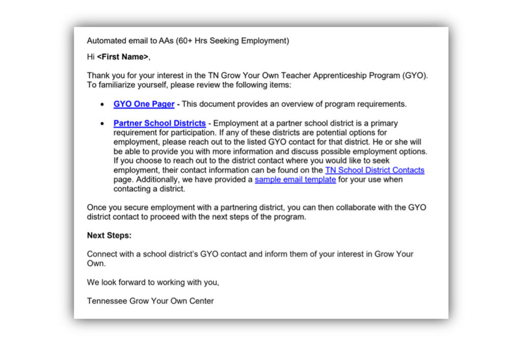 Snapshot example of Aspiring Apprentice automated email.