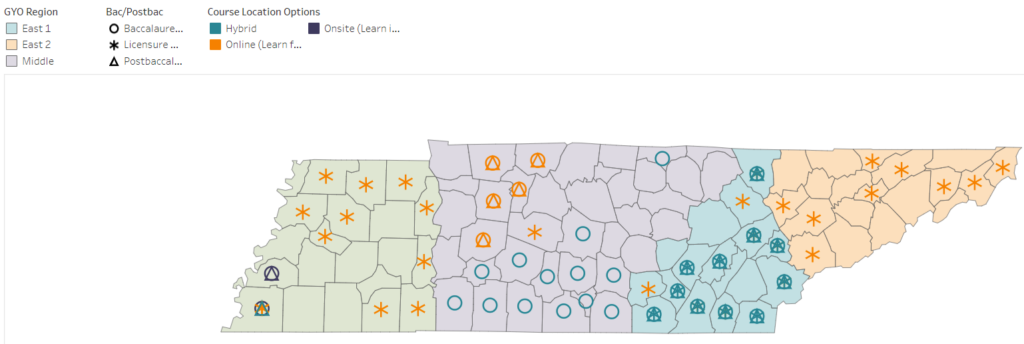 A map of TN showing counties and programs available.