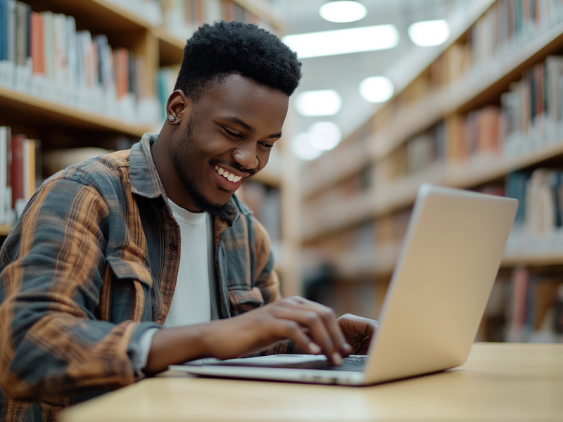 Smiling person typing on computer.