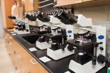 a set of microscopes sitting on a table used for biology research.