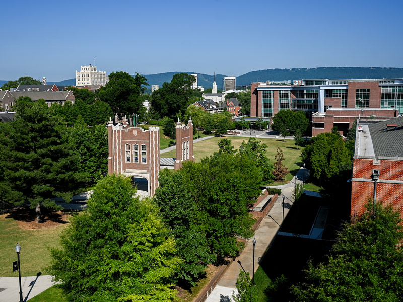 Aerial photo of the UT Chattanooga campus in the summer.