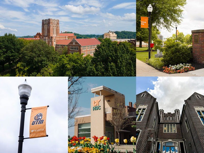 Collage of images showing scenics from each UT campus.