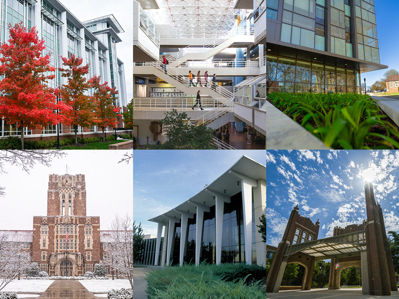 A collage of building and facility photography from across the UT System campuses.