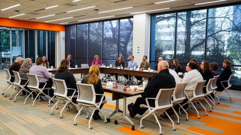 A group of people sitting in a large conference room, having lunch.