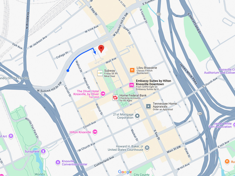 Google maps screenshot showing UT at 400 W. Summit Hill Dr. SW, Knoxville, TN 37902.