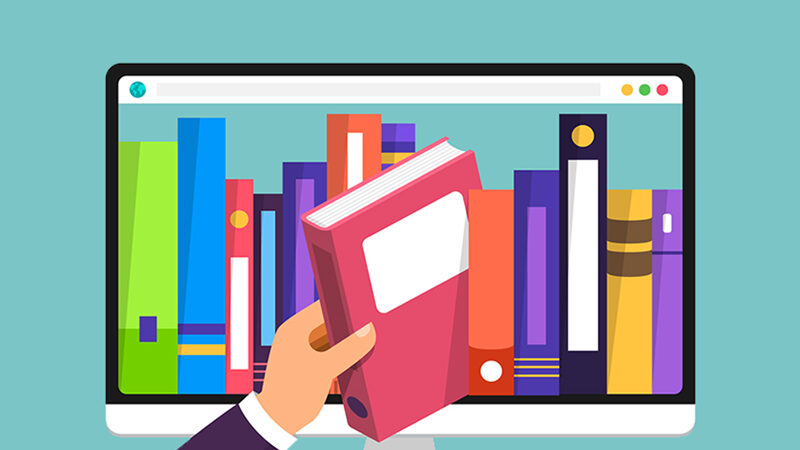 Adobe Stock illustration of a book being taking off a shelf inside of a computer.