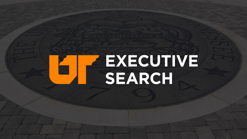 Large image of the UT Seal on a walkway at UT Knoxville, with the words "UT Executive Search" overlayed on top.