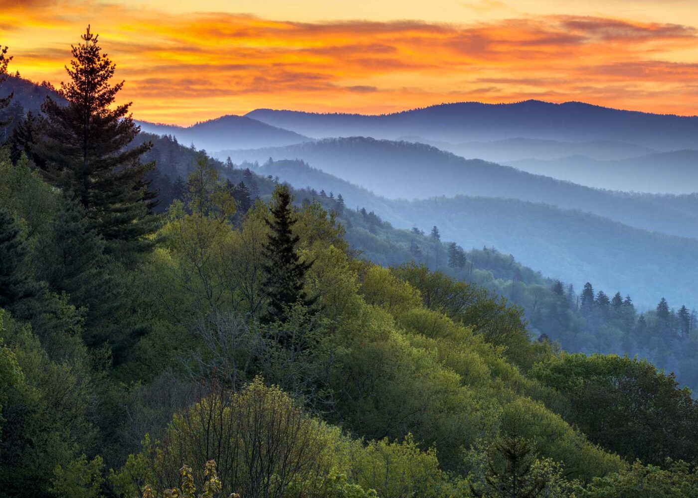 Sunset photo of the Smoky Mountains.