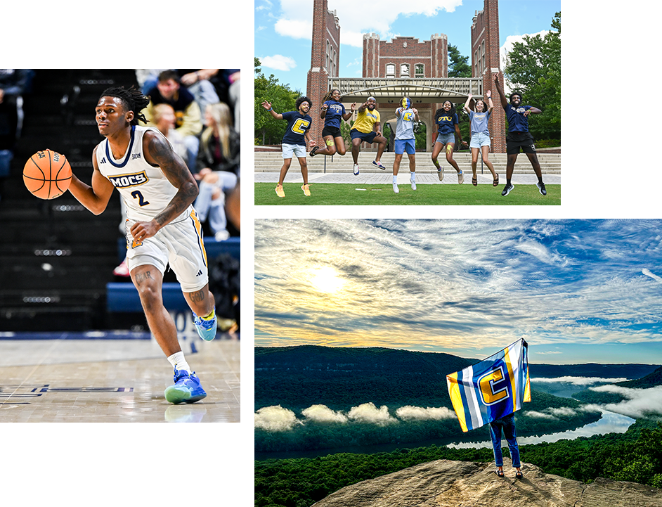 A collage of images from UT Chattanooga: a male athlete runs down court with a basketball; a group of students with painted faces jumping in the air; a student standing on a cliff edge holding up a UTC flag behind them.
