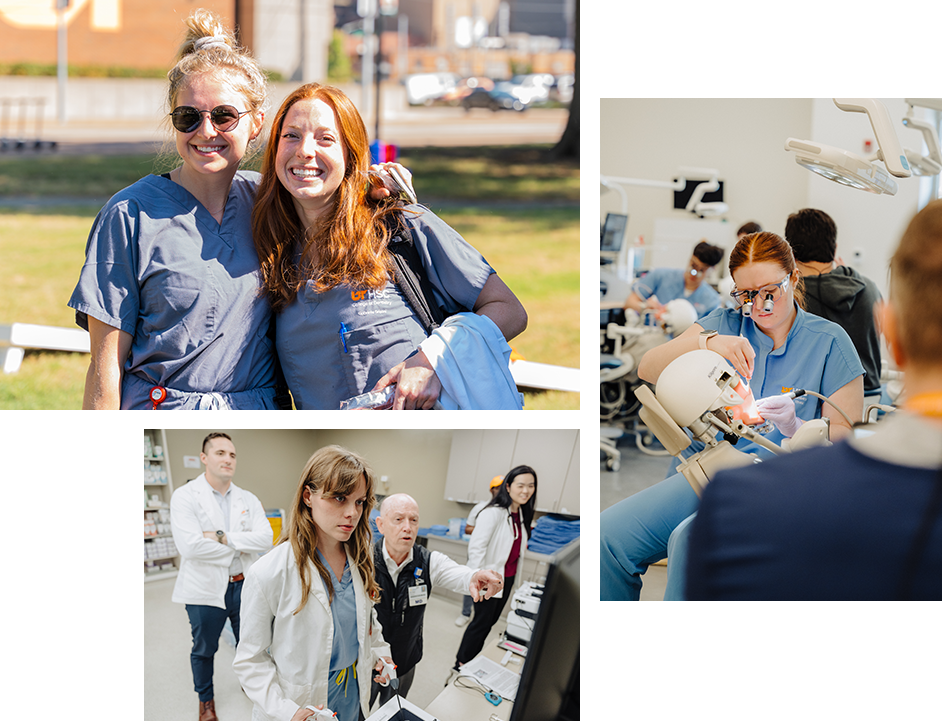 A collage of images from UTHSC: Two female medial students smiling for a photo; a dentistry student practicing techniques on a dummy; a female student using a machine while a male instructor provides guidance.