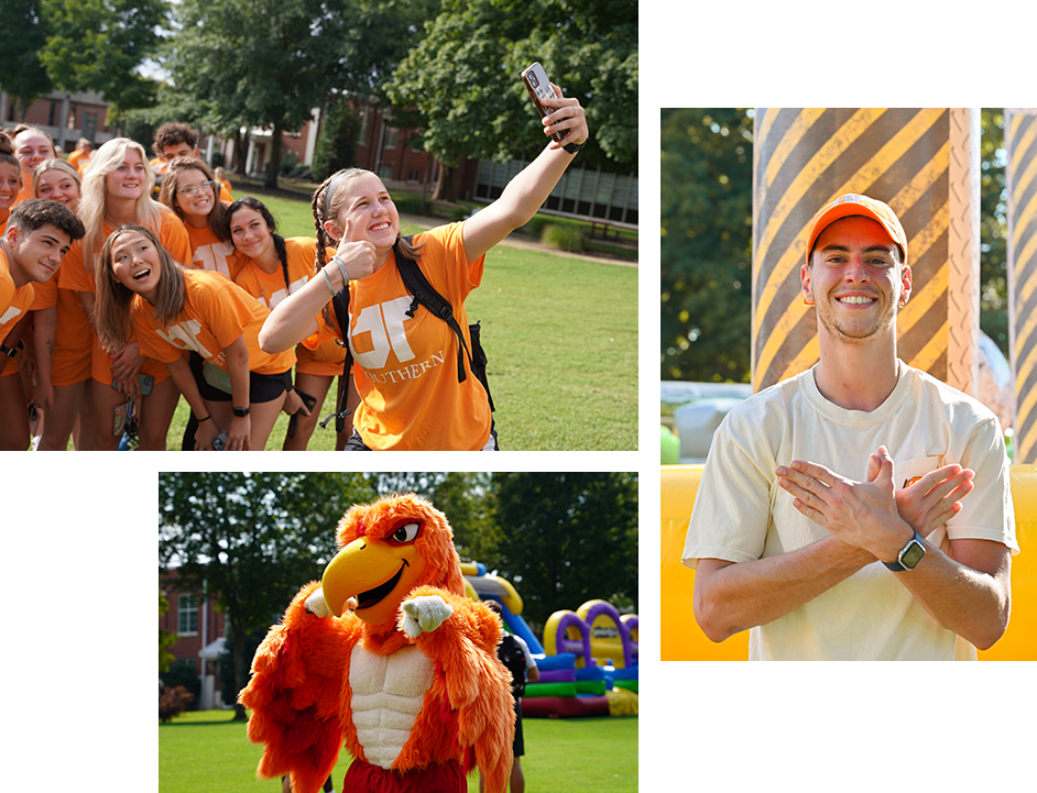 A collage of images from UT Southern: a group of students smiling and posing for a group selfie; the UTS mascot pointing at someone off camera; a male student giving the Firehawks handsign;