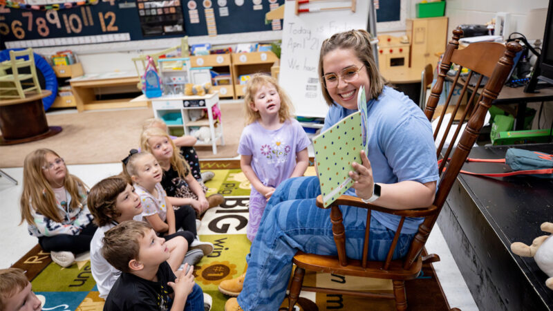 UT Martin students and mascot Captain Skyhawk visit local Tennessee schools on April 21, 2022, to join the Reading at Local Schools initiative.