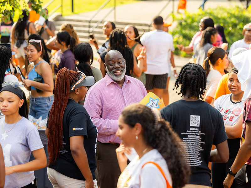 Tyvi Small, Vice Chancellor for Diversity and Engagement, visits with students at the Frieson Black Cultural Center during a Multicultural Student Life welcome back event on August 22, 2023. Photo by Steven Bridges/University of Tennessee.