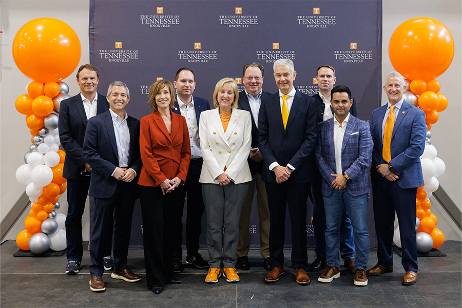 Marc Gibson, associate vice chancellor partnerships and economic development, UT Office of Research, Innovation and Economic Development; Lyndon Lie, executive vice president and chief engineering officer, Volkswagen North America; Donde Plowman, UT Chancellor; Susan Hubbard, deputy for science and technology, Oak Ridge National Laboratory; and Nikolai Ardei, executive vice president, Volkswagen Group Innovation.