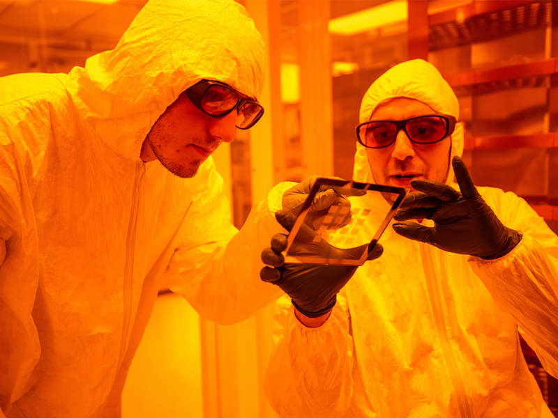 Post-Doctoral Researcher Amine Benkechkache and student Lance Drouet conduct research in a class 100 clean room at the Mirco-Processing Research Facility housed within UT’s new Institute for Advanced Materials and Manufacturing located at Cherokee Farm on April 05, 2022. Photo by Steven Bridges/University of Tennessee