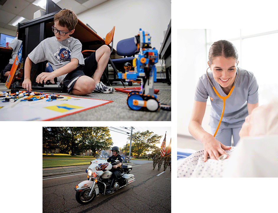 A collage of three images: (top left) a young boy with glasses builds with mechanical legos; (bottom left) a UTM police officer riding a motorbike leads a parade procession; (right) a young female nurse uses a stethoscope on an elderly patient in bed.