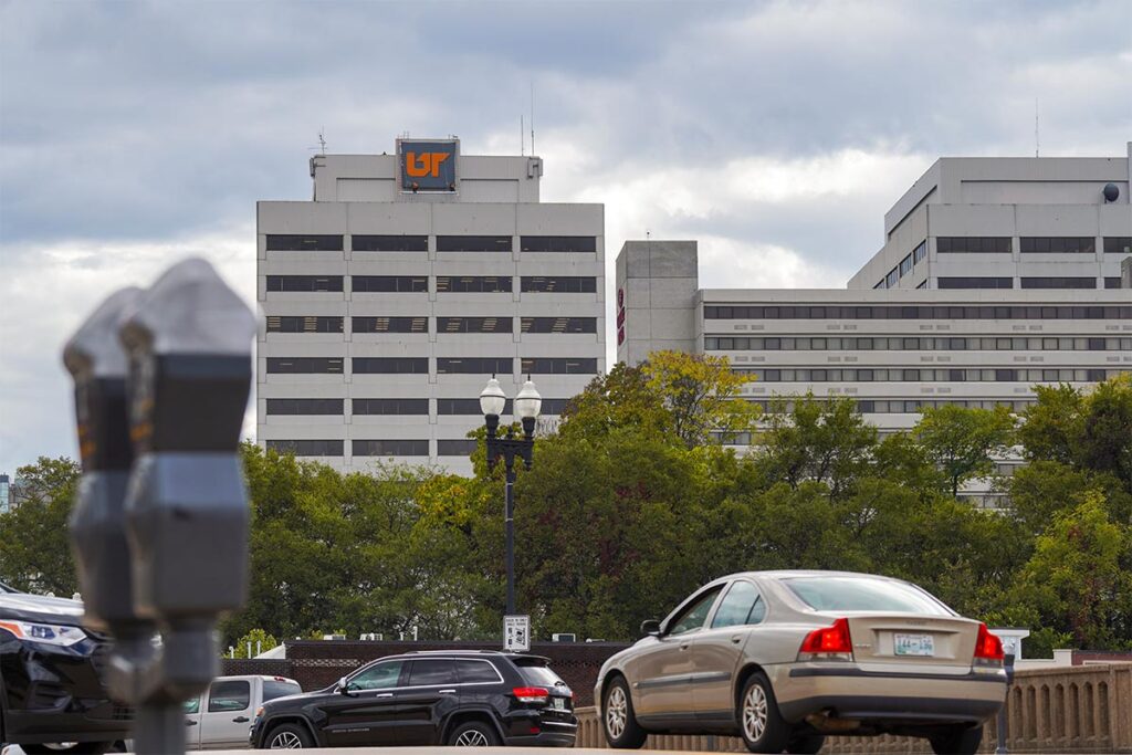 A shot of UT tower in downtown Knoxville from across the street.