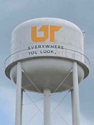 Photo of the 'Everywhere You Look, UT' mural painted on the side of the Selmer water tower in McNairy, Tenn.