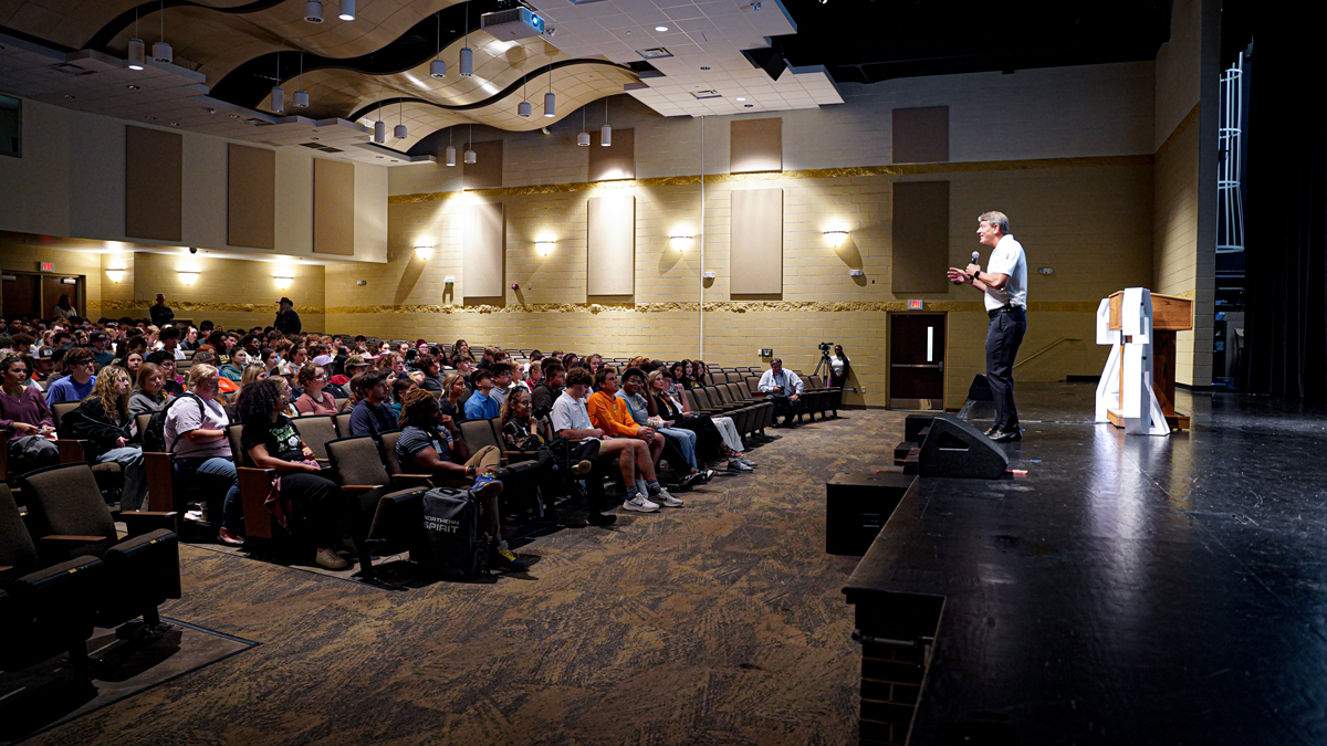 UT System President Randy Boyd speaking at Bradley Central to a group of students.