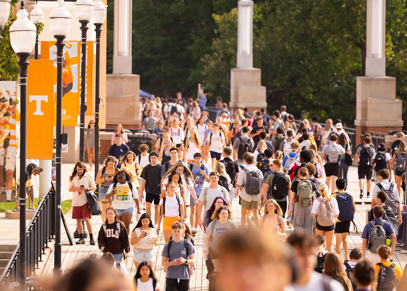 A campus walkway crowded with students.