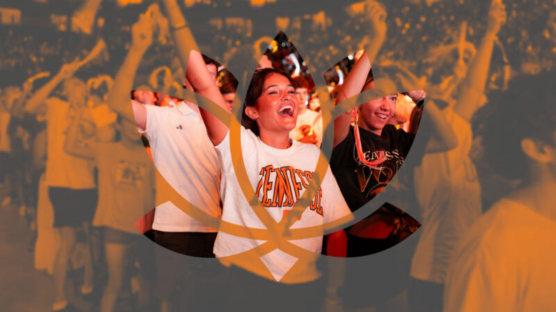 Students cheering in a crowd.