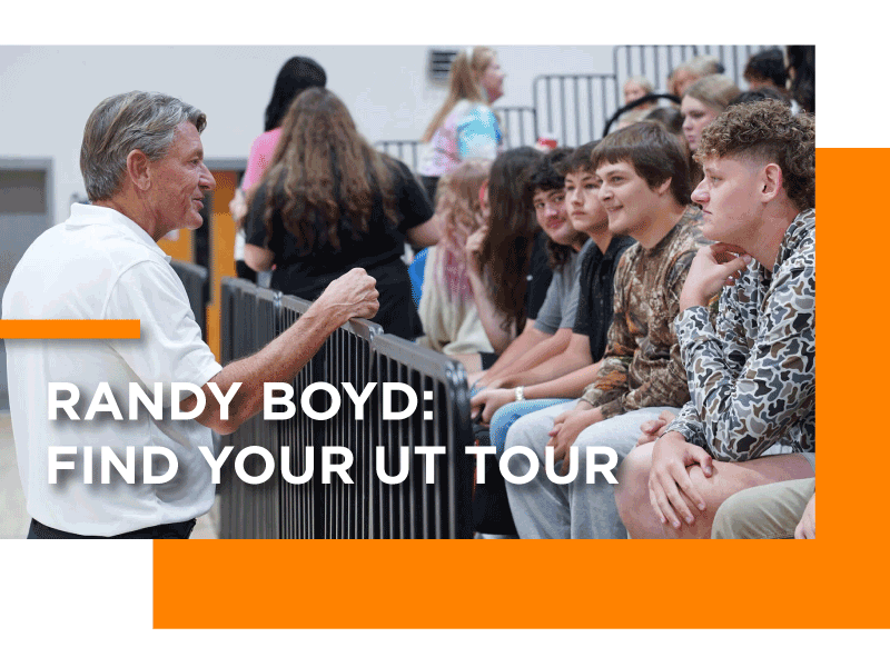 Randy Boyd: Find Your UT Tour, teaser image for the Inside Higher Ed article. Teaser shows Randy interacting with students at a high school.